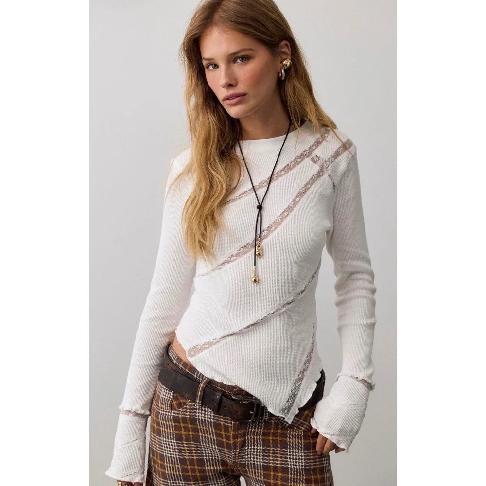 Free People Piece by Piece Cuff Thermal Lace Top NWOT
